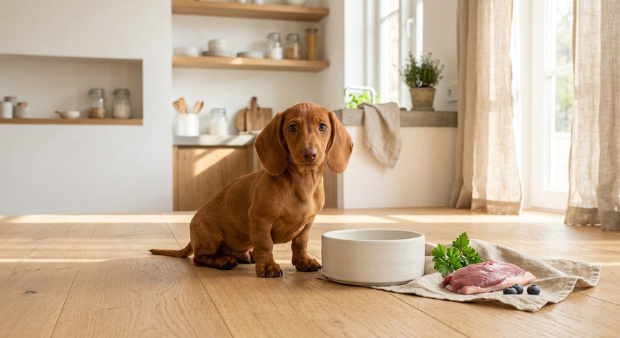 Dackel neben einer Futterschale in einer hellen europäischen Küche