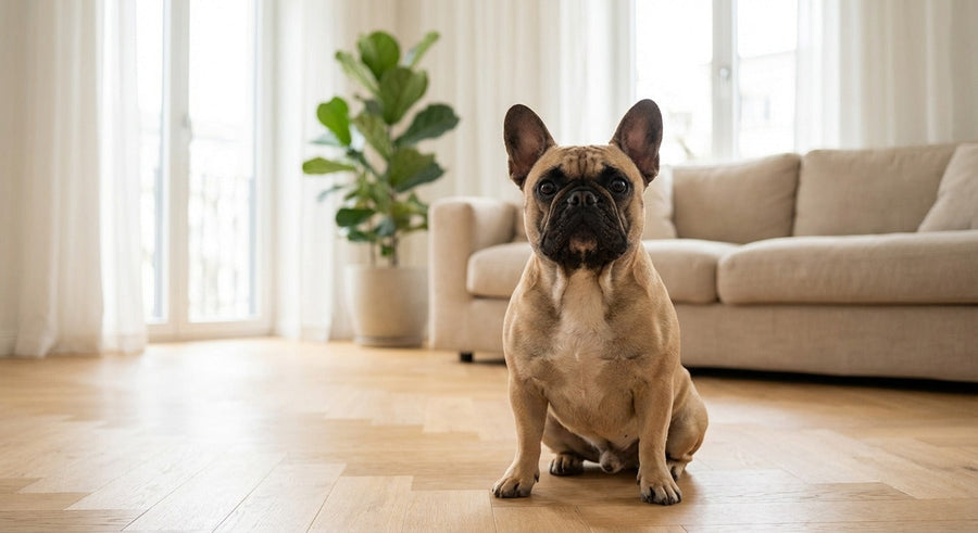 Französische Bulldogge sitzt aufmerksam in einem hellen skandinavischen Wohnzimmer