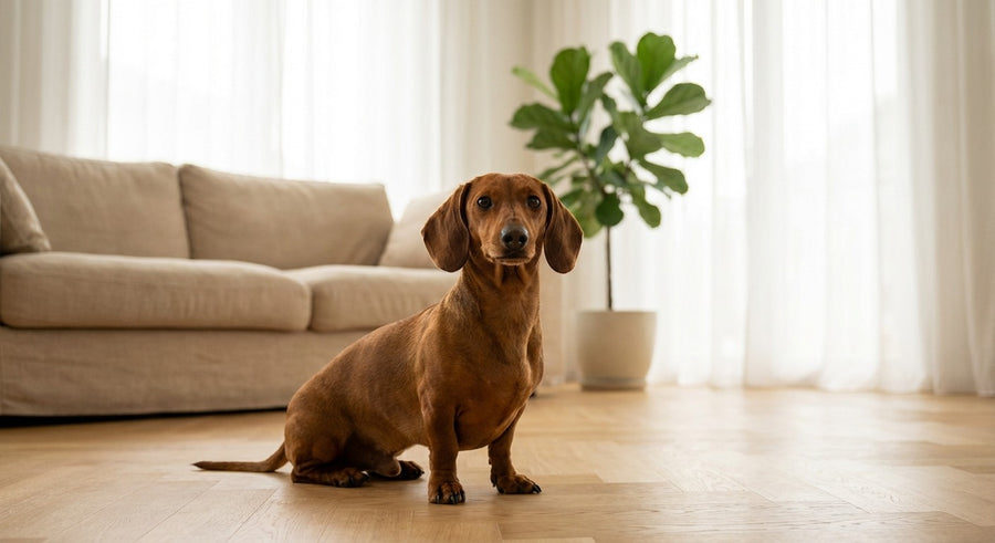 Französische Bulldogge Portrait in einem hellen skandinavischen Wohnzimmer