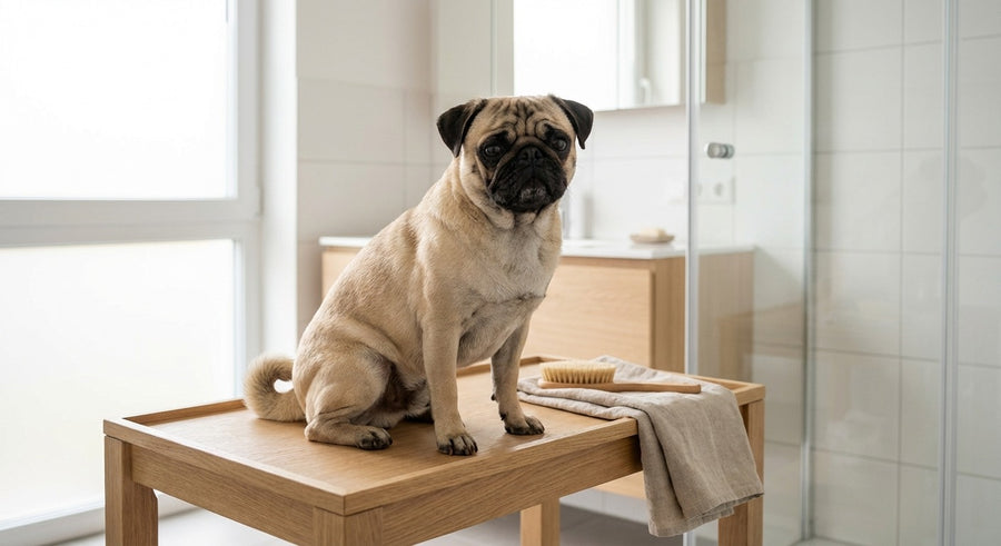 Mops neben einer Futterschale in einer hellen europäischen Küche