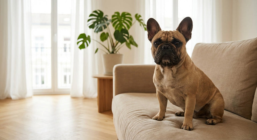 Französische Bulldogge Portrait in einem hellen skandinavischen Wohnzimmer