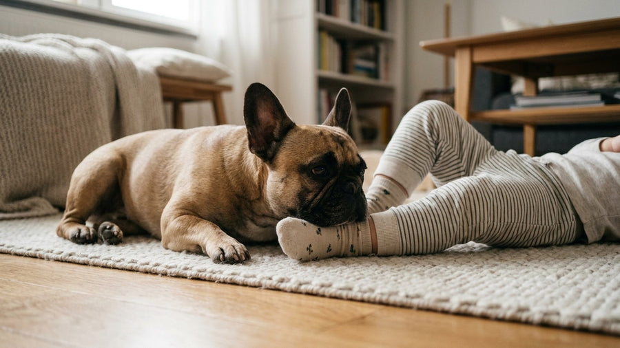 Franzoesische Bulldogge liegt entspannt neben Kind auf Teppich harmonisches Familienleben