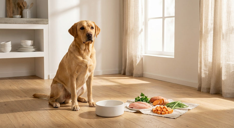 kleiner Hund neben einer Futterschale in einer hellen europäischen Küche