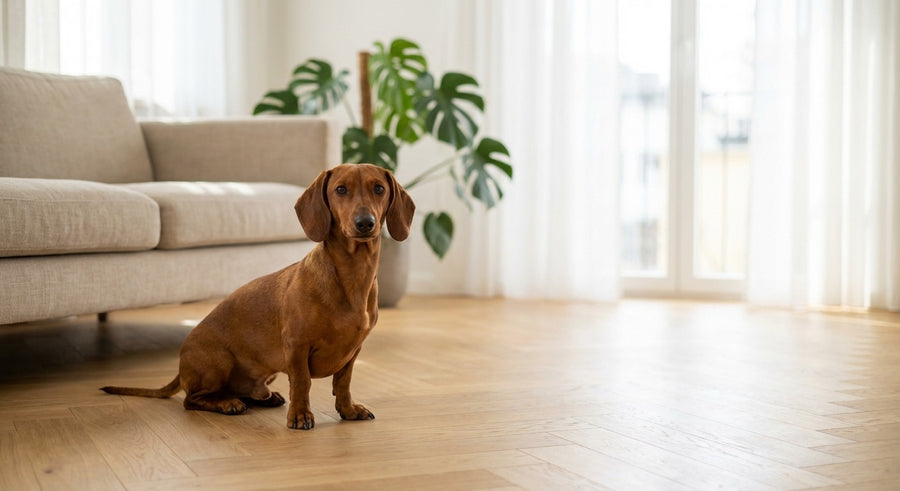 Französische Bulldogge Portrait in einem hellen skandinavischen Wohnzimmer