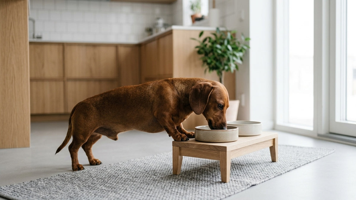 Dackel frisst aus leicht erhoehtem Napf rueckenschonende Futterstelle fuer langen Ruecken