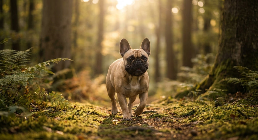 Französische Bulldogge Portrait in einem hellen skandinavischen Wohnzimmer