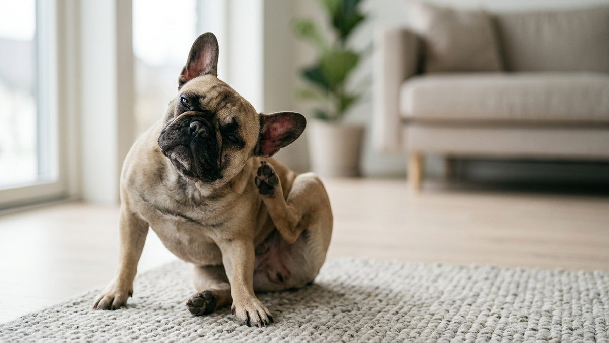 Franzoesische Bulldogge kratzt sich am geroeteten Ohr Futtermittelallergie sucht hypoallergenes Futter