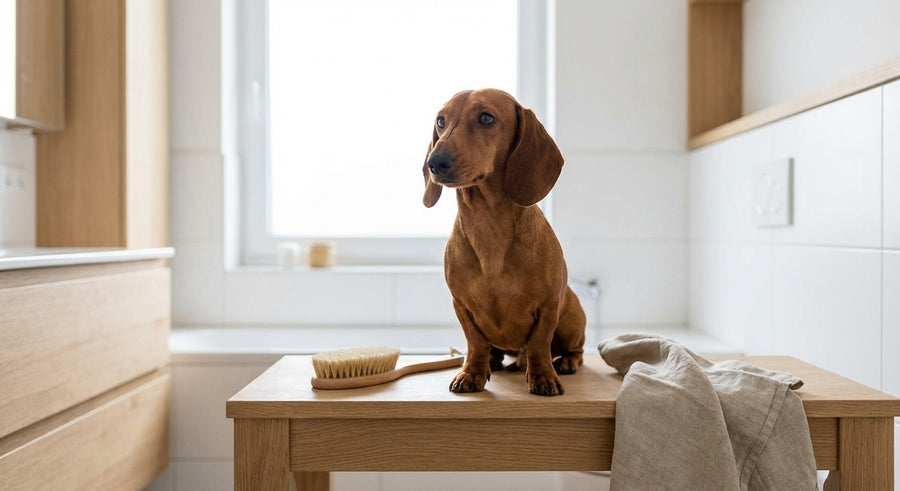 Dackel Portrait in einem hellen skandinavischen Wohnzimmer