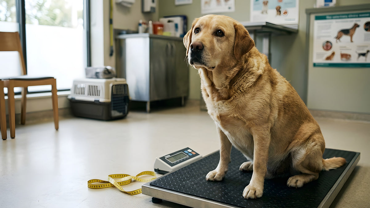 Hund auf der Tierarztwaage zum Abnehmen mit Diaetplan