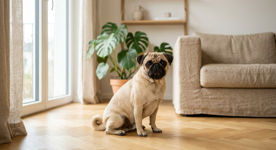 Mops Portrait in einem hellen skandinavischen Wohnzimmer