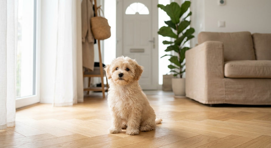 Welpe sitzt aufmerksam in einem hellen europäischen Flur