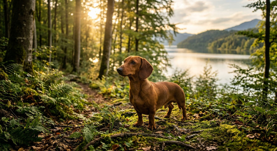 Dackel Portrait in einem hellen skandinavischen Wohnzimmer