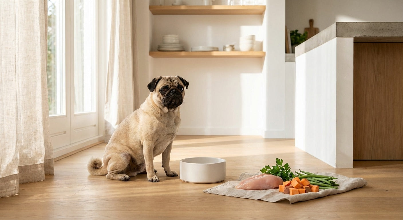 kleiner Hund neben einer Futterschale in einer hellen europäischen Küche