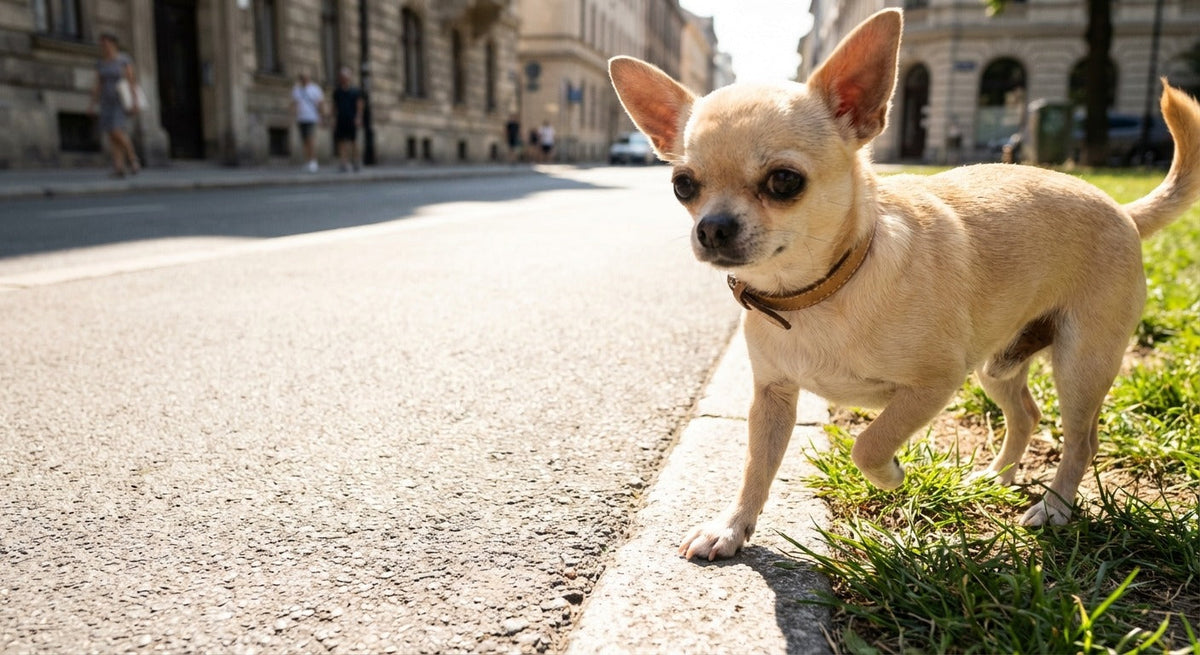 Pfotenschutz im Sommer — Hund weicht auf kuehlen Rasen aus