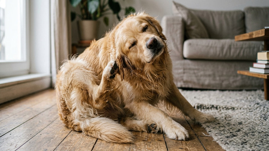 Golden Retriever kratzt sich intensiv hinter dem Ohr mit Hinterpfote staendiger Juckreiz