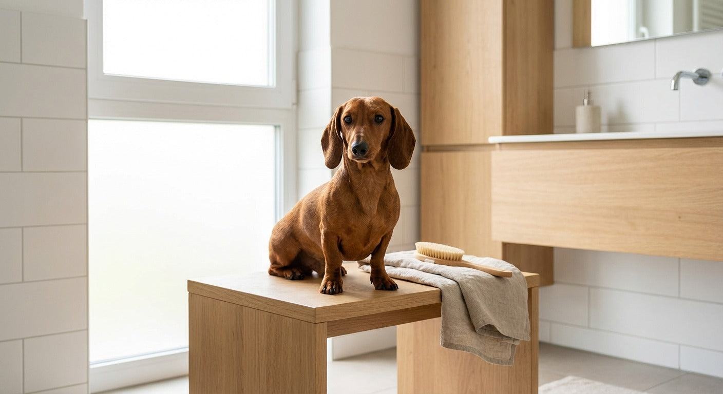 Französische Bulldogge wird liebevoll in einem modernen hellen Badezimmer gepflegt