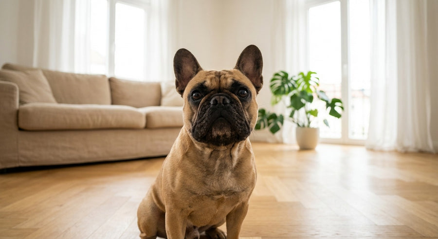 Französische Bulldogge Portrait in einem hellen skandinavischen Wohnzimmer