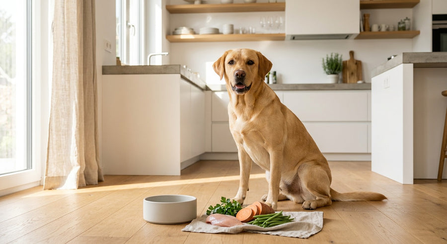 Labrador Retriever neben einer Futterschale in einer hellen europäischen Küche