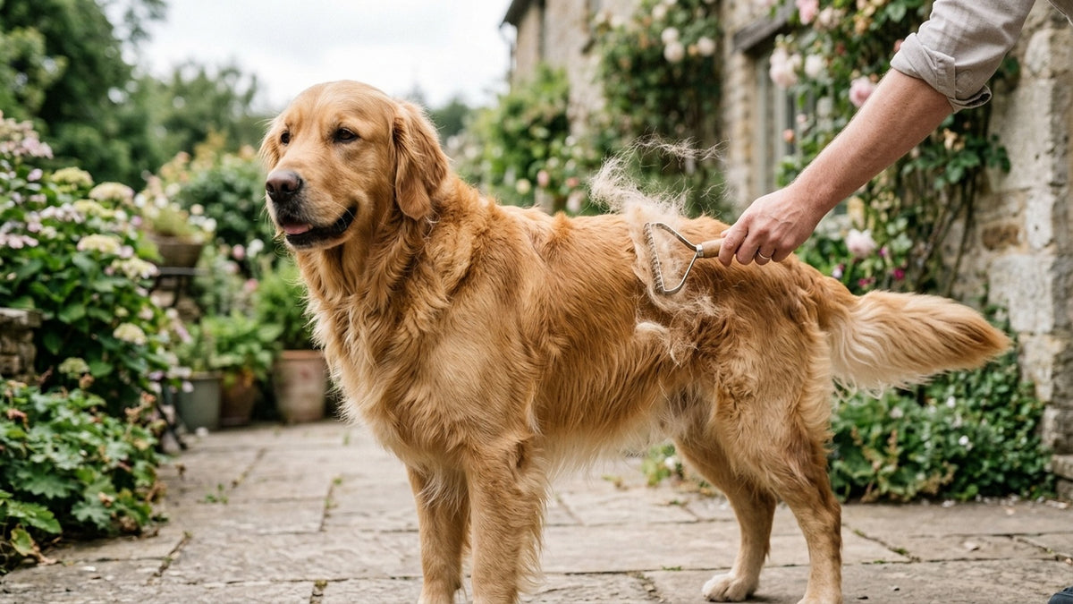 Golden Retriever wird mit Unterwoll-Kamm gebuerstet lose Unterwolle wird entfernt