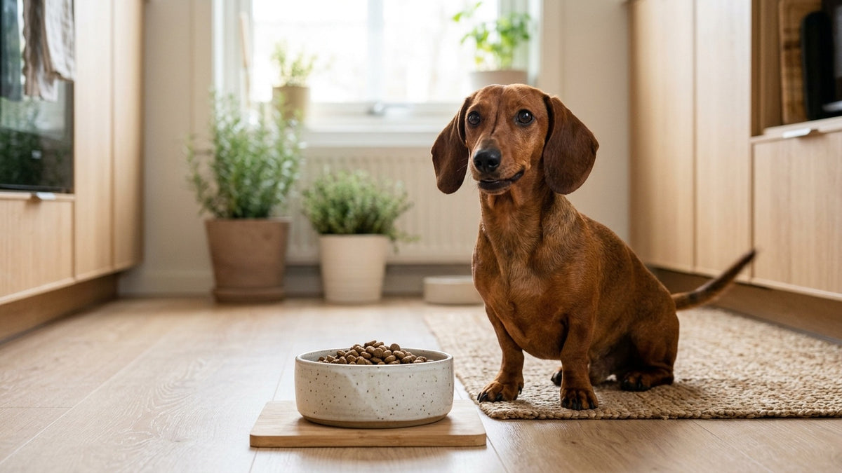 Dackel sitzt erwartungsvoll vor korrekt portioniertem Futternapf Ernaehrung fuer Dackel