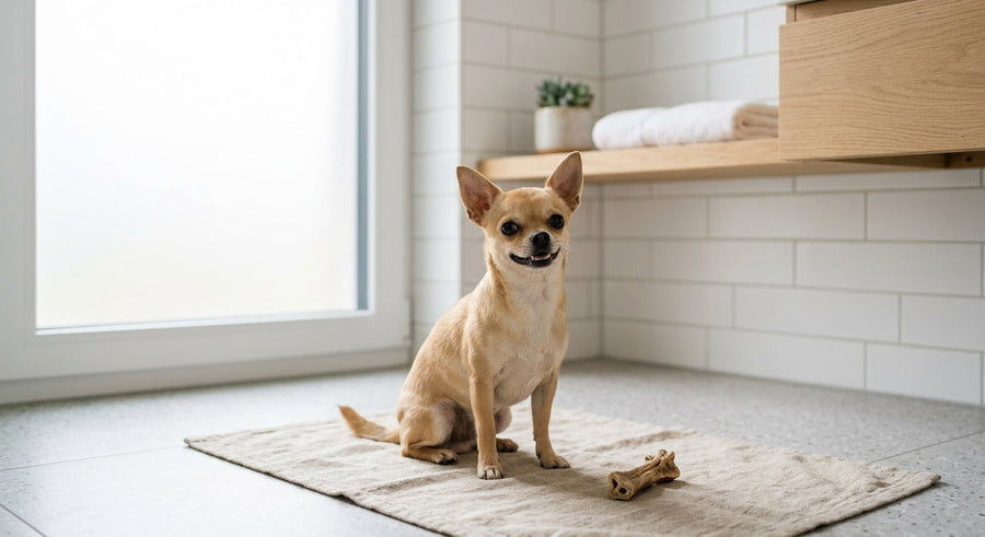 Chihuahua neben einer Futterschale in einer hellen europäischen Küche