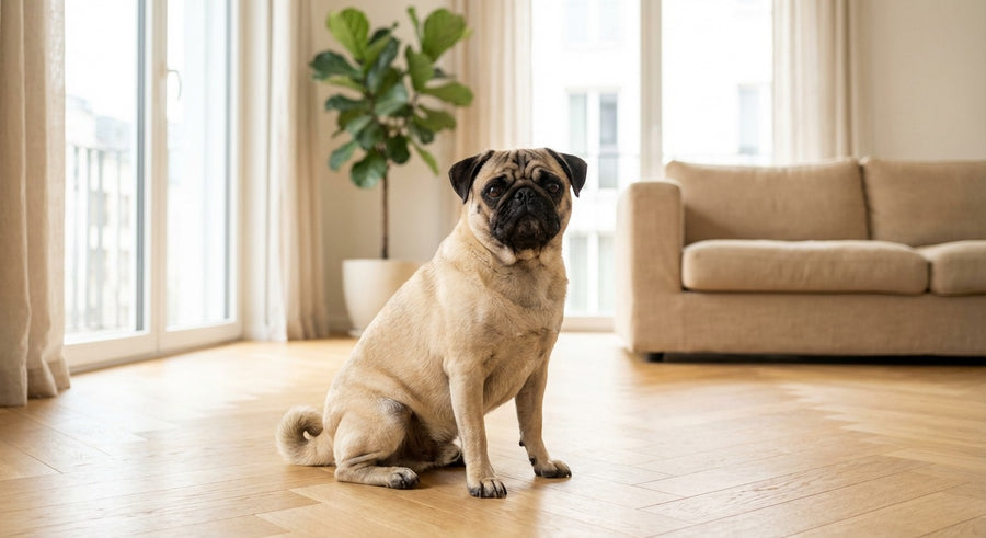kleiner Hund Portrait in einem hellen skandinavischen Wohnzimmer