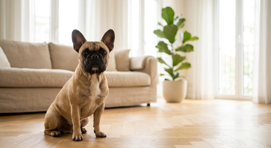 Französische Bulldogge Portrait in einem hellen skandinavischen Wohnzimmer