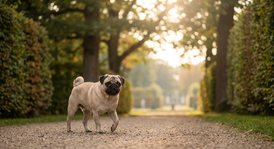 Mops sitzt aufmerksam in einem hellen europäischen Flur