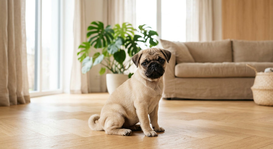Mops Portrait in einem hellen skandinavischen Wohnzimmer