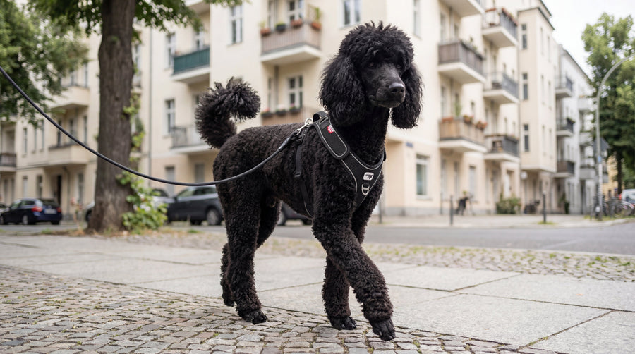 Grosspudel mit lockigem weissem Fell traegt Comfort Pro Geschirr beim Spaziergang im Park