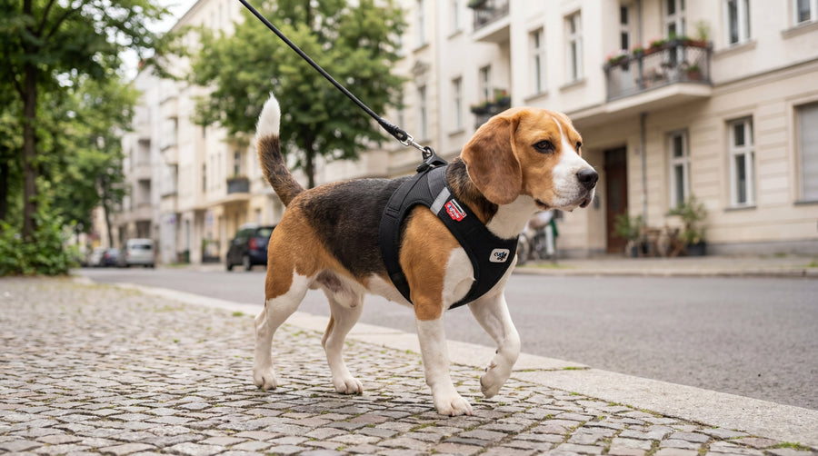 Beagle mit leichtem Hundegeschirr beim Spaziergang