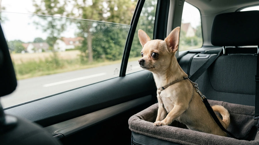 Chihuahua sitzt erhoeht im Hunde-Autositz und schaut neugierig aus dem Autofenster
