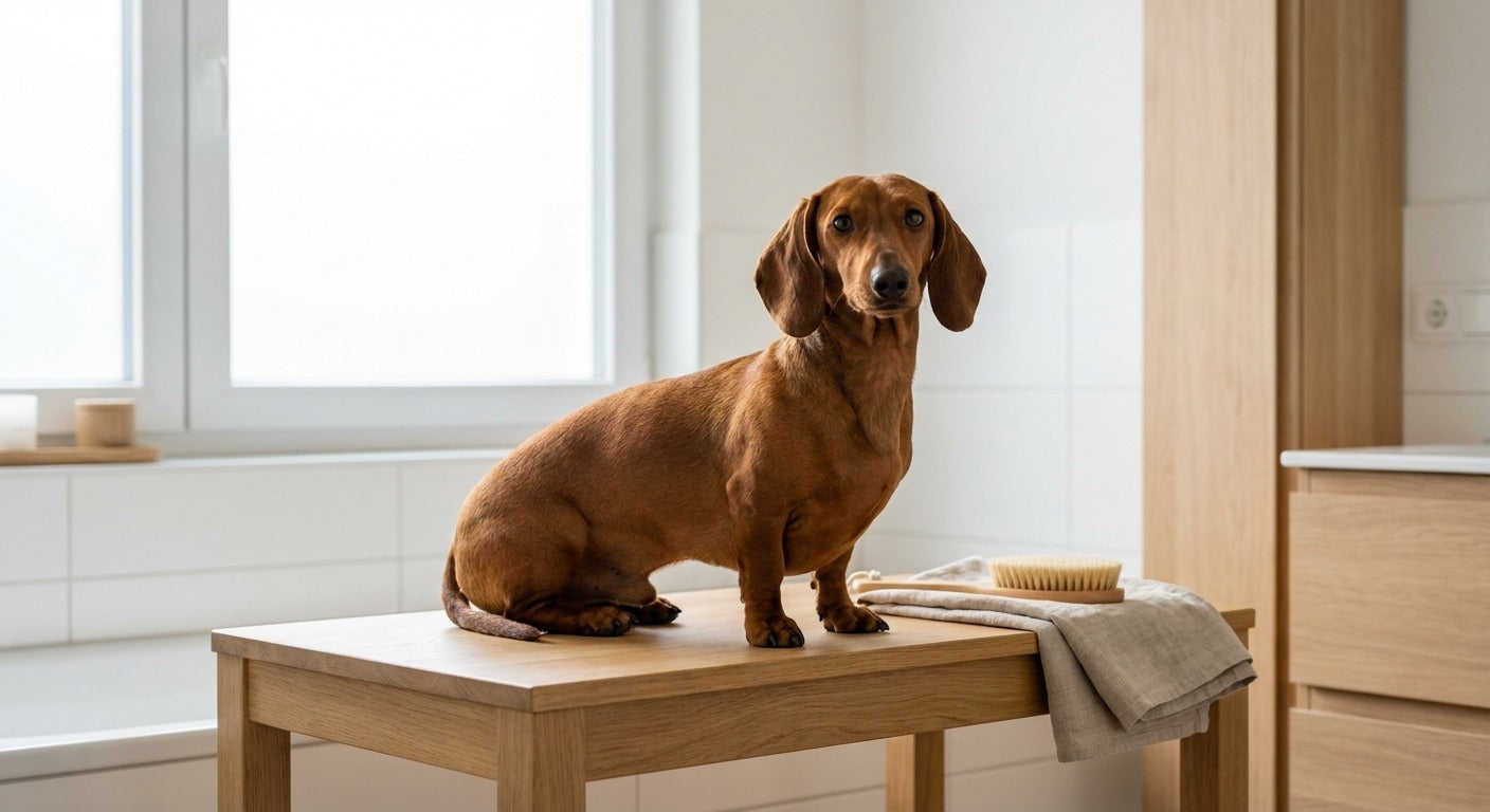 Französische Bulldogge wird liebevoll in einem modernen hellen Badezimmer gepflegt