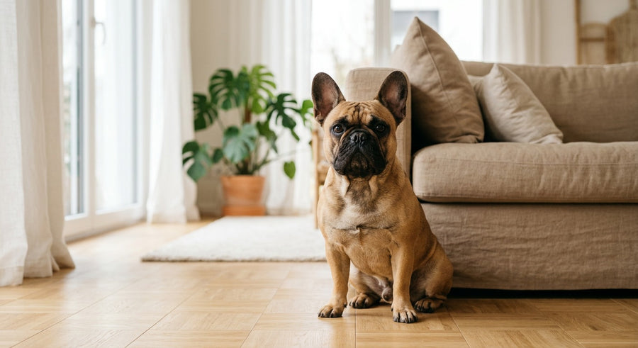 Französische Bulldogge Portrait in einem hellen skandinavischen Wohnzimmer