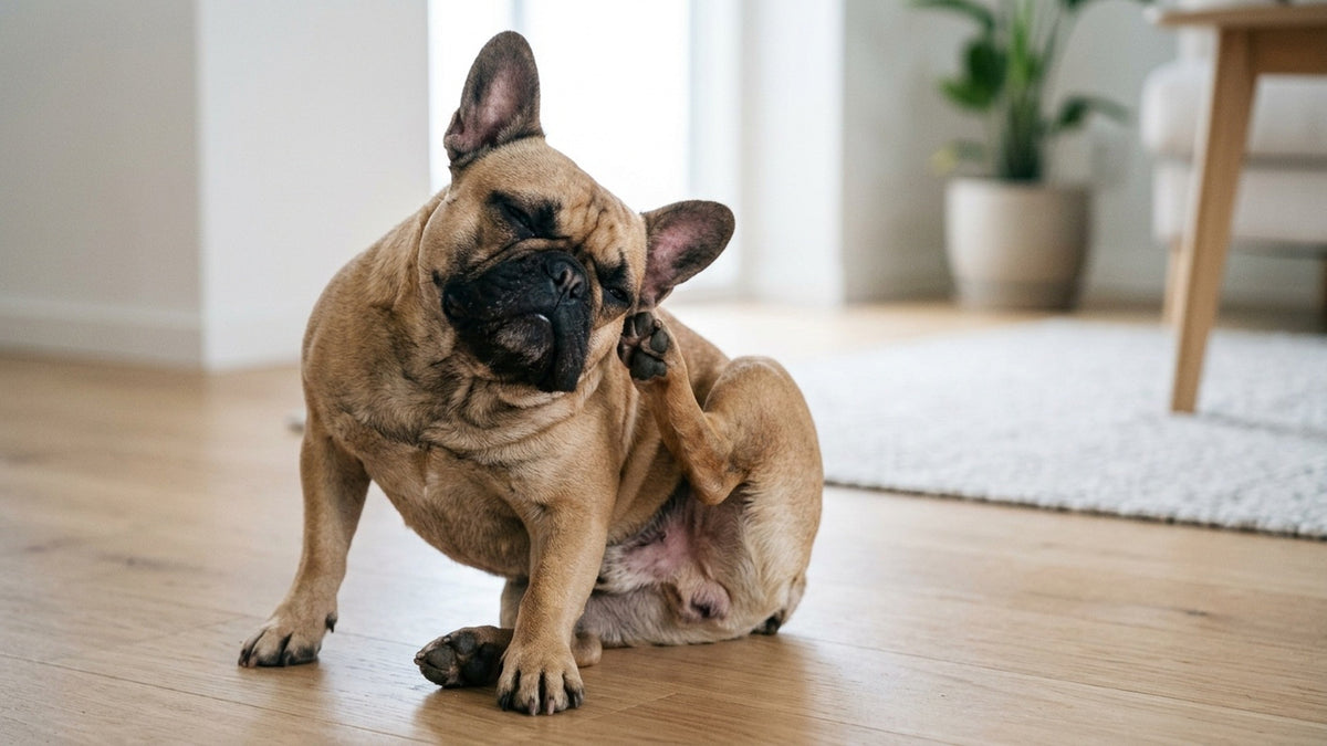 Franzoesische Bulldogge kratzt sich wegen Allergie hinter dem Ohr