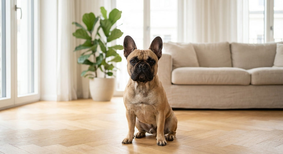 Französische Bulldogge Portrait in einem hellen skandinavischen Wohnzimmer