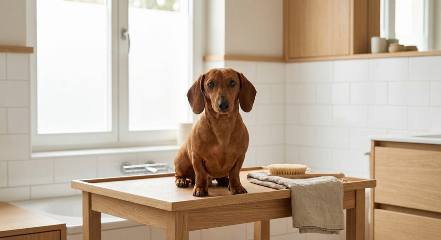 Dackel wird liebevoll in einem modernen hellen Badezimmer gepflegt