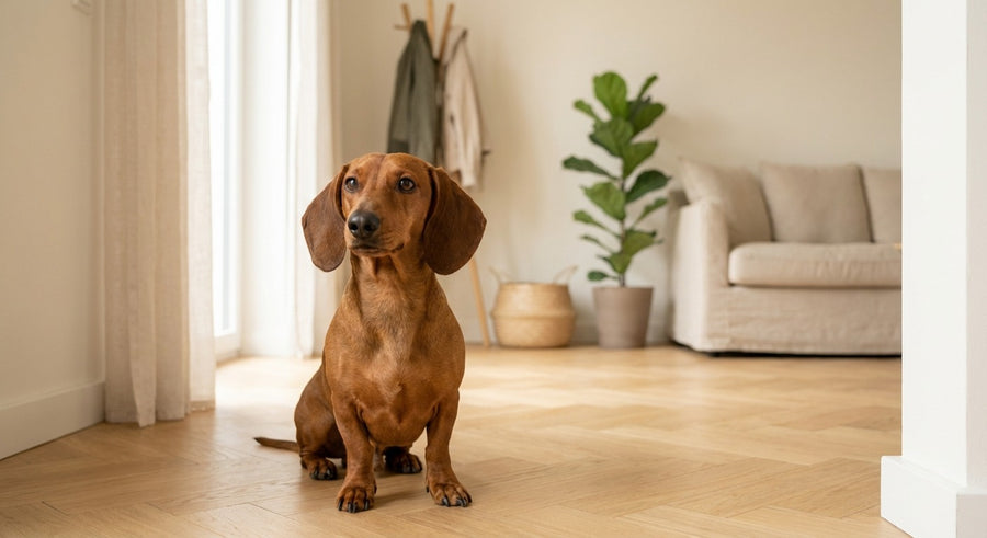 Französische Bulldogge sitzt aufmerksam in einem hellen europäischen Flur