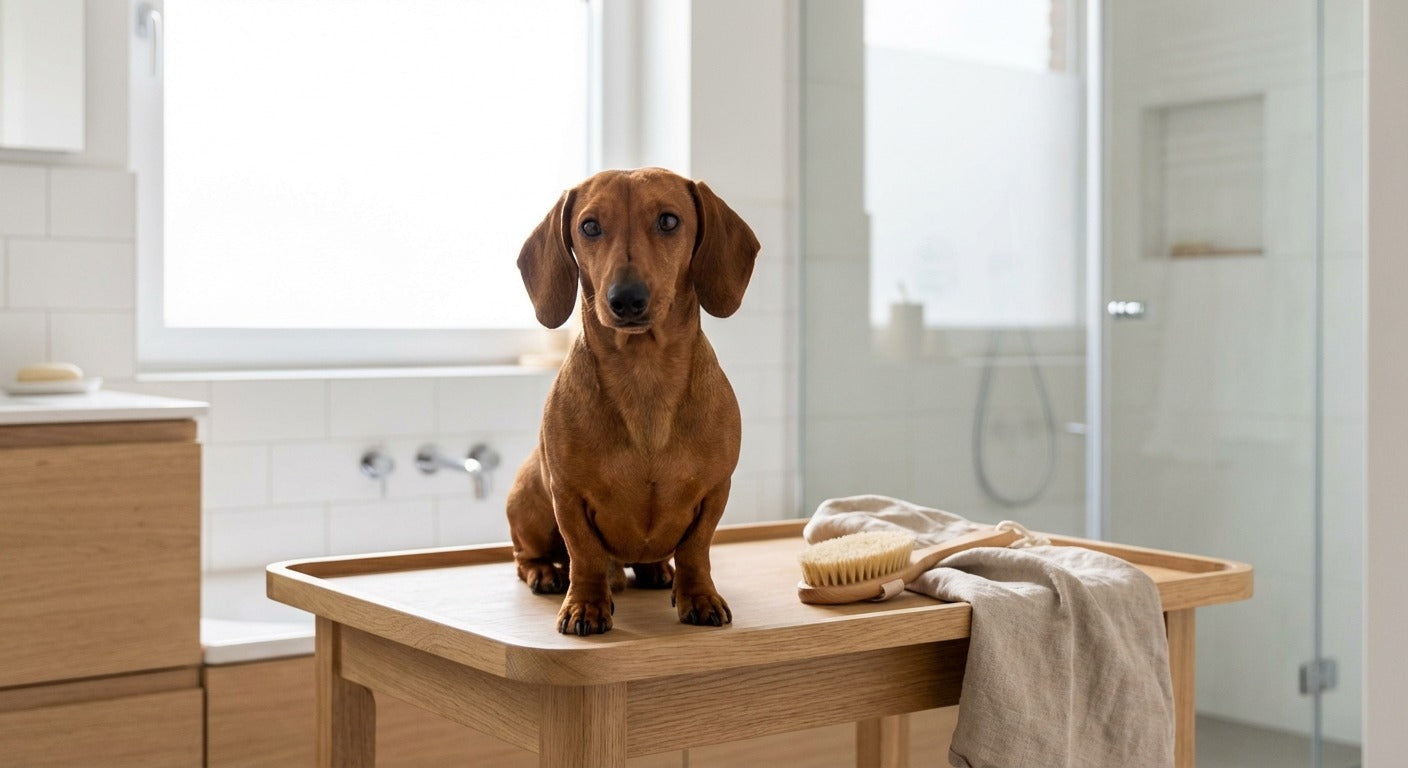 Französische Bulldogge Portrait in einem hellen skandinavischen Wohnzimmer