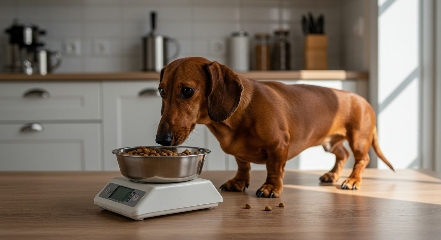 Dackel neben einer Futterschale in einer hellen europäischen Küche