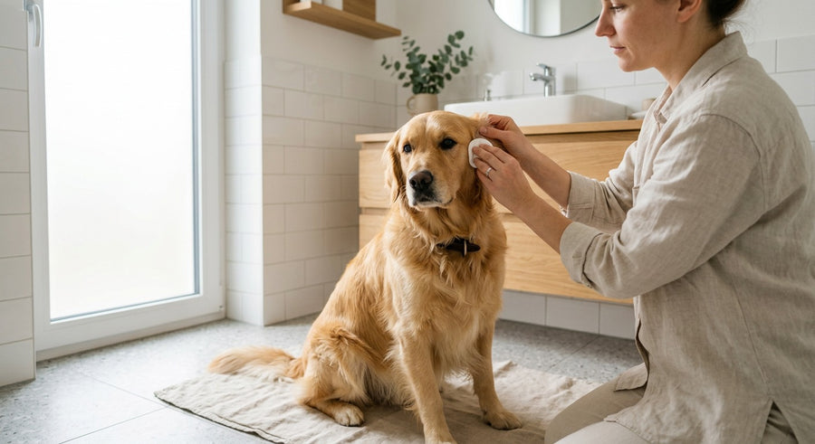 Golden Retriever wird liebevoll in einem modernen hellen Badezimmer gepflegt