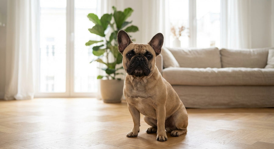 Französische Bulldogge Portrait in einem hellen skandinavischen Wohnzimmer