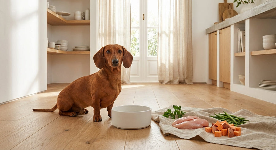 Dackel neben einer Futterschale in einer hellen europäischen Küche