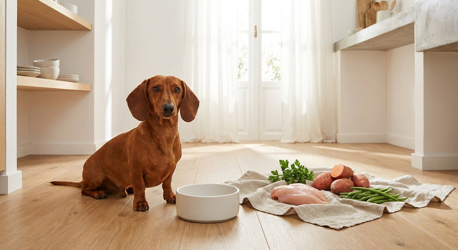 Dackel neben einer Futterschale in einer hellen europäischen Küche