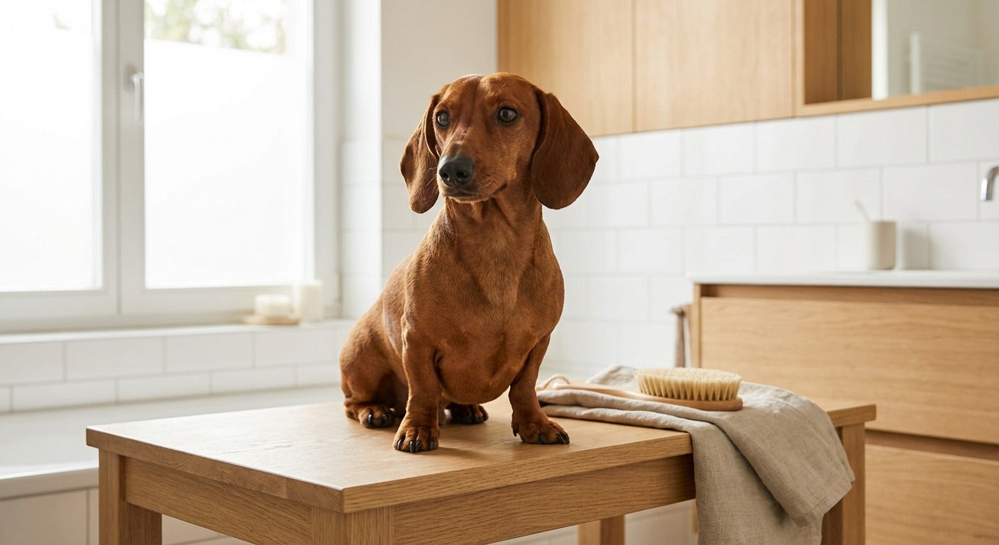 Französische Bulldogge wird liebevoll in einem modernen hellen Badezimmer gepflegt