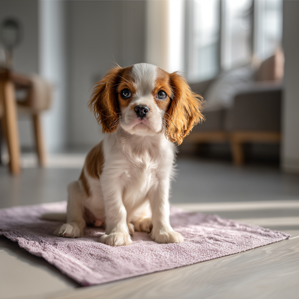 Cavalier King Charles Spaniel Welpe sitzt aufmerksam auf einem Teppich im Wohnzimmer – der erste Schritt zur Stubenreinheit beginnt zu Hause.