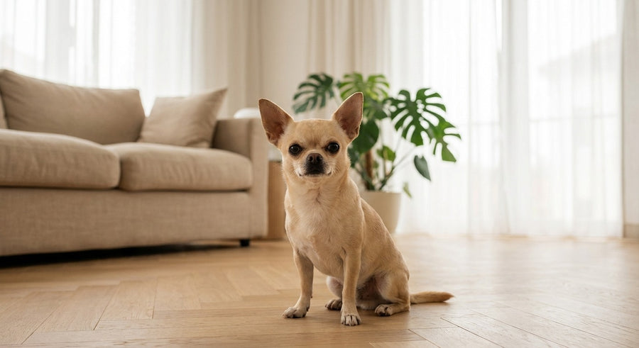 Chihuahua Portrait in einem hellen skandinavischen Wohnzimmer