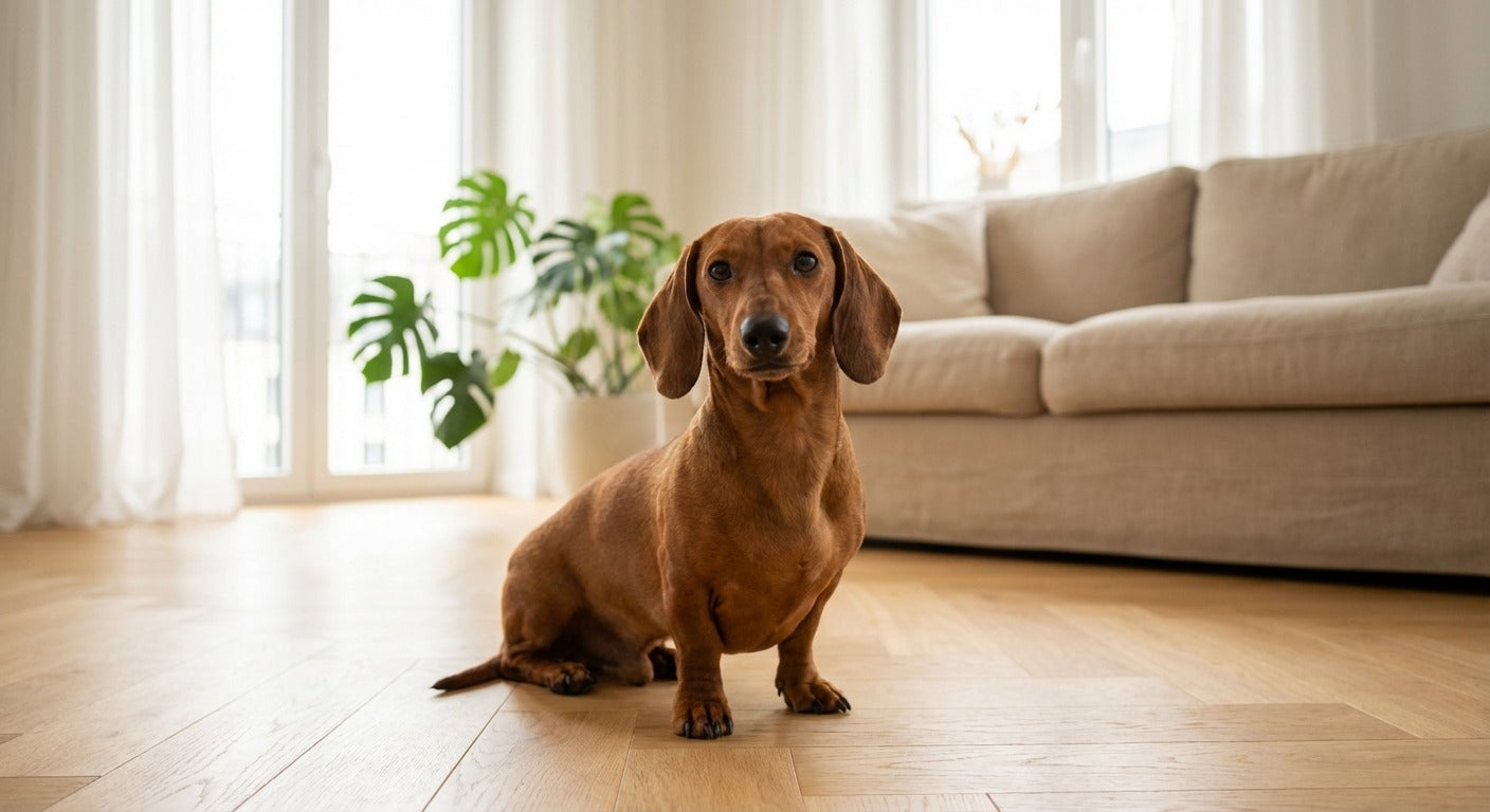 Französische Bulldogge Portrait in einem hellen skandinavischen Wohnzimmer