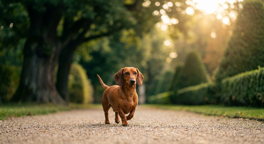 Dackel sitzt aufmerksam in einem hellen europäischen Flur