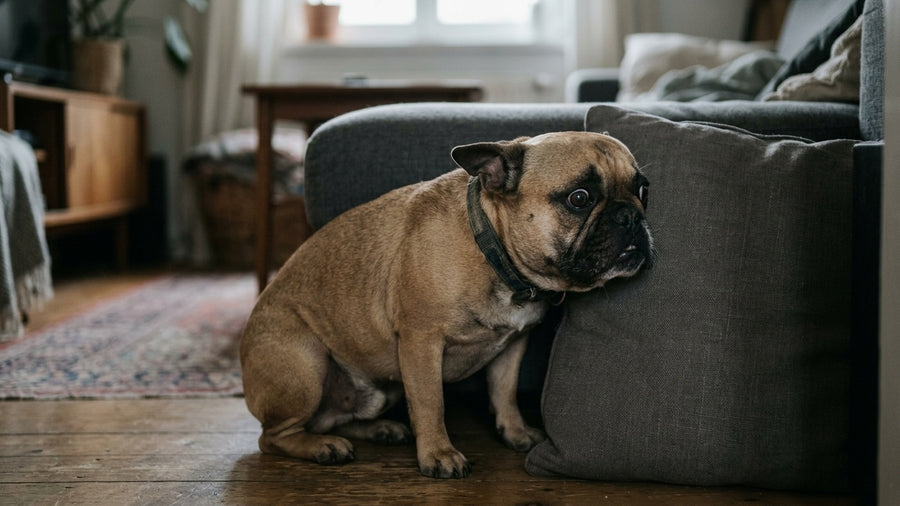 Aengstliche Franzoesische Bulldogge kauert mit angelegten Ohren hinter Sofakissen Stresssymptome